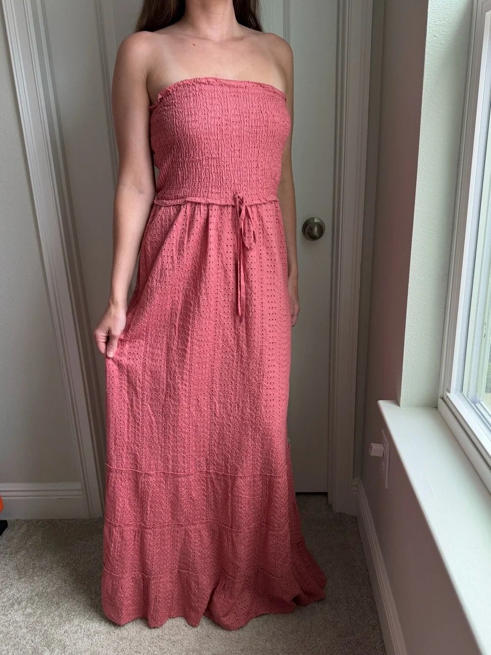 JESSICA SIMPSON Strapless Smocked Maxi Dress in Dusty Rose